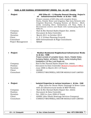 CV – I.V. Chalapathi Sr. Doc. & Data Controller Mob: +973 3594 6954 6
 NAEL & BIN HARMAL HYDROEXPORT (NBHH). Est. AL AIN - (UAE)
 Project : 600 Villas (G + 1) Ghareba Emarati Housing Project’s
all Infrastructrucural Works at Al Ain – UAE.
(Project consists of 600 villas with complete Sewer,
Storm, Potable Water and Irrigation Pipe lines Network with
Irrigation Reservoir, Pumping Station, all Electro - Mech.
works including Elect. Substations (18 Nos), Parks &
Recreational centers and Roads with Landscaping (Hard &
Soft) etc.
Company : Nael & Bin Harmal Hydro Export Est. (NBHH)
Position : Document & Data Controller
Duration : March 2011 to October 2012
Client : U. P. C (Urban Planning Council)
Consultant : KEO Internationals & Naga Consultants.
Project Management : Sorouh
----------------------------------------------------
 Project : Shabhat Residential Neighborhood Infrastructure Works
in Al Ain - UAE
Project consists of complete Sewer, Storm, Potable Water,
Pumping Station, all Electro - Mech. works including Elect.
Substations (18 Nos.) and Roads etc.
Company : Nael & Bin Harmal Hydro Export Est. (NBHH)
Position : Document & Data Controller (Worked in Consultant’s Office)
Duration : June 2006 to March 2011 (5 Years)
Client : ALDAR
Consultant : CANSULT MAUNSELL/AECOM MIDDLE EAST LIMITED
 Project : Isolated Properties in various Locations @ Al Ain - UAE
(Pipe Lines for Storm Water Drainage & Sewer Lines
with all Infrastructural works & MEP Works)
Company : Nael & Bin Harmal Hydro Export Est. (NBHH)
Position : Document & Data Controller
Duration : Oct. 2002 to June 2006 (4 Years)
Client : ADSSC (Abu Dhabi Sewerage Services Company)
Consultant : CANSULT MAUNSELL/AECOM MIDDLE EAST LIMITED
 