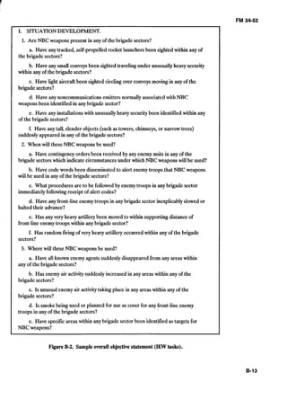 FM 3452
I. SITUATIONDEVELOPMENT.
1. Are NBC weaponspresent in any of the brigade sectors?
a. Have any tracked, self-propelledrocket launchersbeen sightedwithin any of
the brigade sectors?
b. Have any small convoys been sighted traveling under unusuallyheavy security
within any of the brigade sectors?
c. Have light aircraftbeen sighted circling over convoys moving in any of the
brigade sectors?
d. Have any noncommunicationsemittersnormallyassociated with NBC
weaponsbeen identified in anybrigade sector?
e. Have any installationswith unusuallyheavy securitybeen identifiedwithin any
of the brigade sectors?
f. Have any tall, slender objects(such as towers, chimneys, or narrow trees)
suddenlyappeared in any of the brigade sectors?
2. When will these NBC weapons be used?
a. Have contingency orders been receivedby any enemyunits in any of the
brigade sectorswhich indicate circumstancesunder which NBC weaponswillbe used?
b. Have codewords been disseminated to alert enemytroops that NBC weapons
will be used in any of the brigade sectors?
c. What procedures are to be followedby enemytroops in anybrigade sector
immediatelyfollowingreceipt of alert codes?
d. Have anyfront-lineenemytroops in anybrigade sector inexplicablyslowedor
halted their advance?
e. Has anyvery heavy artillerybeen moved to within supportingdistanceof
front-line enemytroops within anybrigade sector?
f. Has random firing of very heavy artilleryoccurredwithin any of the brigade
sectors?
3. Where willthese NBC weapons be used?
a. Have allknown enemy agentssuddenlydisappearedfrom any areas within
any of the brigade sectors?
b. Has enemy air activitysuddenlyincreasedin any areas within any of the
brigade sectors?
c. Is unusual enemy air activitytaking place in any areas within any of the
brigade sectors?
d. Is smokebeing used or planned for use as cover for any front-lineenemy
troops in any of the brigade sectors?
e. Have specificareas within anybrigade sectorbeen identifiedas targets for
NBC weapons?
Figure B-2.Sample overall objectivestatement (IEWtasks).
 