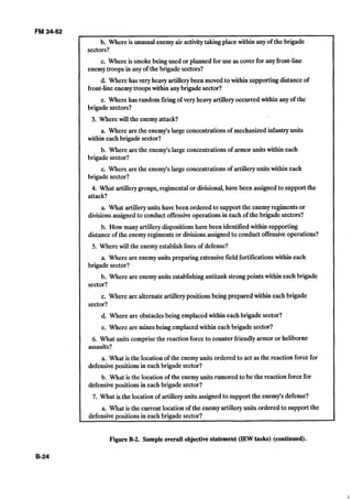 FM 34-52
b. Where is unusual enemy air activitytakingplace within any of the brigade
sectors?
c. Where is smokebeingused or planned for use as cover for any front-line
enemytroops in any of the brigade sectors?
d. Where has very heavy artillerybeen moved to within supportingdistanceof
front-lineenemytroopswithin anybrigade sector?
e. Where has random fuing of very heavy artilleryoccurred within any of the
brigade sectors?
3. Where will the enemy attack?
a. Where are the enemy's large concentrationsof mechanized infantryunits
within eachbrigade sector?
b. Where are the enemy's large concentrationsof armor units within each
brigade sector?
c. Where are the enemy'slarge concentrationsof artilleryunits within each
brigade sector?
4. What artillerygroups,regimental or divisional,have been assignedto support the
attack?
a. What artilleryunits havebeen ordered to support the enemyregiments or
divisionsassignedto conduct offensiveoperationsin each of the brigade sectors?
b. How many artillerydispositionshave been identified within supporting
distanceof the enemyregiments or divisionsassignedto conduct offensiveoperations?
5. Where will the enemy establishlines of defense?
a. Where are enemyunits preparing extensivefield fortificationswithin each
brigade sector?
b. Where are enemyunits establishingantitankstrongpointswithin each brigade
sector?
c. Where are alternate artillerypositionsbeing prepared within each brigade
sector?
d. Where are obstaclesbeing emplaced within each brigade sector?
e. Where are mines being emplaced within each brigade sector?
6. What units comprisethe reaction force to counter friendlyarmor or heliborne
assaults?
a. What is the location of the enemyunits ordered to act as the reaction forcefor
defensivepositionsin each brigade sector?
b. What is the location of the enemyunits rumored to be the reaction forcefor
defensivepositionsin each brigade sector?
7. What is the location of artilleryunits assigned to support the enemy's defense?
a. What is the current location of the enemyartilleryunits ordered to support the
defensivepositionsin eachbrigade sector?
Figure B-2.Sample overall objectivestatement (IEWtasks) (continued).
 