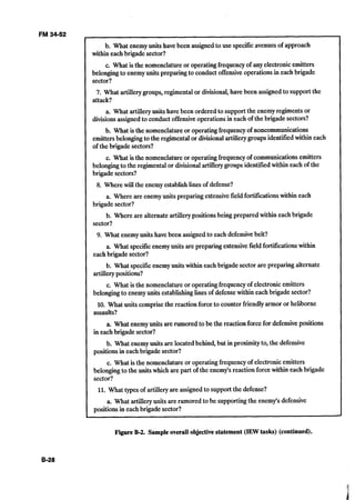 b. What enemyunits havebeen assignedto use specificavenuesof approach
within each brigade sector?
c. What is the nomenclatureor operatingfrequency of any electronicemitters
belongingto enemyunits preparing to conduct offensiveoperationsin each brigade
sector?
7. What artillerygroups,regimental or divisional,have been assignedto support the
attack?
a. What artilleryunits have been ordered to support the enemyregiments or
divisionsassigned to conduct offensiveoperationsin each of the brigade sectors?
b. What is the nomenclatureor operatingfrequency of noncommunications
emittersbelongingto the regimental or divisionalartillerygroupsidentifiedwithin each
of the brigade sectors?
c. What is the nomenclatureor operatingfrequency of communicationsemitters
belongingto the regimental or divisionalartillerygroupsidentifiedwithin each of the
brigade sectors?
8. Where willthe enemyestablishlines of defense?
a. Where are enemyunits preparing extensivefield fortificationswithin each
brigade sector?
b. Where are alternate artillerypositionsbeing prepared within eachbrigade
sector?
9. What enemyunits havebeen assignedto each defensivebelt?
a. What specificenemyunits are preparing extensivefield fortificationswithin
eachbrigade sector?
b. What specificenemyunits within each brigade sector are preparing alternate
artillerypositions?
c. What is the nomenclatureor operatingfrequency of electronicemitters
belongingto enemyunits establishinglinesof defensewithin each brigade sector?
10. What units comprise the reaction force to counter friendlyarmor or heliborne
assaults?
a. What enemyunits are rumored to be the reaction force for defensive positions
in eachbrigade sector?
b. What enemyunits are locatedbehind, but in proximityto, the defensive
positionsin each brigade sector?
c. What is the nomenclatureor operatingfrequency of electronicemitters
belongingto the units which are part of the enemy'sreaction forcewithin each brigade
sector?
11. What types of artilleryare assigned to support the defense?
a. What artilleryunits are rumored to be supportingthe enemy's defensive
positions in each brigade sector?
-
Figure B-2.Sample overall objectivestatement (IEWtasks) (continued).
 