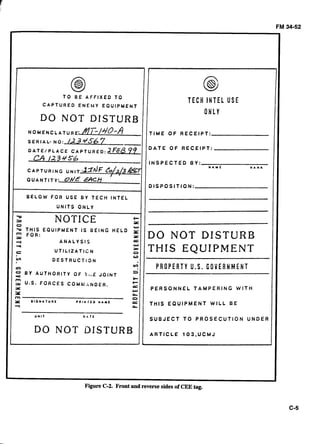 FM 

T O B E AFFIXED TO
TECH INTEL USECAPTURED ENEMY EQUIPMENT
ONLY
DO NOT DISTURB
NOMENCLATURE; flT-/do-A T I M E O F R E C E I P T : 

SERIAL. NO: /R3+567 -

99 D A T E O F R E C E I P T :
DATEIPLACE C A P T U R E D : ~ ~ S ~
CA /23454 I N S P E C T E D B Y :
N A M E H A N 6
CAPTURING UNIT :lzdFf0/~/3&%7
QUANTITY: QdE EACH
D I S P O S I T I O N :
B E L O W FOR USE BY T E C H I N T E L
UNITS ONLY
-a
3o NOTICE c;C
T H I S EQUIPMENT I S BEING HELD
u
2
-4
4
c
FOR:
A N A L Y S I S
U T l L l Z A T l C N
VI D E S T R U C T 1 3 N
m
B Y AUTHORITY OF 1 1 . i JOINT4
rn
= U.S. FORCES C O M M A N D E R .
Y
-3e
rn
Z: I I O N A T U H L P A I U I E O n r ~ t
U N I T GAT^
Do 

f DO NOT DISTURBCT
2 THIS EQUIPMENT0 

CP 

Y)
PROPERTY U.S. GOVERNMENT
3 

+
ra= 

P E R S O N N E L T A M P E R I N G W I T H
CL
0
Q; THIS E Q U I P M E N T W I L L B E
L
S U B J E C T T O P R O S E C U T I O N U N D E R
A R T I C L E 1 0 3 , U C M J
Figure C-2. Front and reversesides of CEEtag.
 