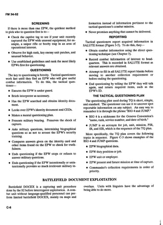 SCREENING formation instead of information pertinent to the
If there is more than one EPW, the quickest method tactical questioner's combat mission.
to pick who to question first is to- e Never promises anything that cannot be delivered.
Check the captive tag to see if your unit recently REPORTING
captured the EPW with unusual equipment; for ex- Tactical questioners report acquired information in
a rifle Or trap in an area of SALUTE format (Figure 3-5). To do this, they-
o~erationalinterest.
Obtain combat information using the direct ques-
Observe for high rank, key enemy unit patches, and tioning technique (see Chapter 3).
unusual behavior.
a Record combat information of interest to head-
Use established guidelines and rank the most likely quarters. This is recorded in SALUTE format as
EPWs first for questioning. relevant answersare obtained.
QUESTIONING
a Attempt to fill in all SALUTE report blanks before
The key to questioning is brevity. Tacticalquestioners moving to another collection 'reauirement or
work fast until they find an EPW who will give useful beforeending the questioning.
combat information. To do this, the tactical ques-
tioner- End questioning by telling the EPW they will talk
again, and return reauired items, such as the
Ensures the EPW is under guard. Gw's ID.
Briefs interpreter as necessary. THE TACTICAL QUESTIONINGPLAN
Has the EPW searched and obtains identity docu- The questioning plan used during TQ is short, simple,
ment. and standard. The questioner can use it to uncover spot
reportable information on any subject. An easy way to
Looks over EPW's identity document and CEDs. remember it is through the phrase "BIG4 and JUMP."
Makes a mental questioning plan. BIG 4 is a nickname for the Geneva Convention's
Presents military bearing. Preserves the shock of "name,rank, servicenumber, and date of birth."
capture. JUMP is an acronym for job, unit, mission, PIR,
Asks military questions, intermixing biographical IR, and SIR, which is the sequence of the TQ plan.
questions so as not to arouse the EPW's security More specifically, the TQ plan covers the following
training. topics in sequence. Figure C-3 shows examples of the
Compares answers given on the identity card and BIG 4 and JUMP questions.
other items found on the EPW to check for truth- EPW biographical data.
fulness.
EPW duty position or job.
Ends questioning if the EPW stops or refuses to
answer military questions. EPW unit or employer.
Ends questioning if the EPW intentionally or unin- EPW present and future mission at time of capture.
tentionally provides so much irrelevant military in- Commander's collection requirements in order of
priority.
BATTLEFIELD DOCUMENTEXPLOITATION
Battlefield DOCEX is a capturing unit procedure overlays. Units with linguists have the advantage of
done by the S2before interrogator exploitation. A com- being able to do more.
bat unit without language-qualified personnel can per-
form limited battlefield DOCEX, mainly on maps and
 