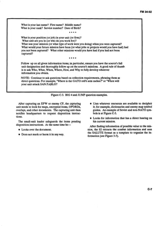 What isyour last name? First name? Middle name?
What is your rank? Service number? Date of Birth?
* * * *
What isyour position (orjob) in your unit (or firm)?
What unit are you in (or who doyou work for)?
What was your mission (or what type of work were you doing) when you were captured?
What would your future mission have been (or what jobs or projects would you have had) had
you not been captured? What other missions would you have had if you had not been
captured?
* * *
Follow up on all given information items; in particular, ensure you have the source's full
unit designation and thoroughly followup on the source's missions. A good rule of thumb
is to ask Who, What, When, Where, How, and Why to fullydevelopwhatever
information you obtain.
NOTE: Continue to ask questions based on collection requirements, phrasing them as
direct questions. For example, "Whereis the GAT0 cell's arm caches?"or "When will
your unit attack SAN PABLO?
Figure C-3. BIG 4 and JUMP question examples.
After capturing an EPW or enemy CP, the capturing
unit needs to look for maps, encrypted items, OPORDs,
overlays,and other documents. The capturing unit then
notifies headquarters to request disposition instruc-
tions.
The small-unit leader safeguards the items pending
disposition instructions. At the same time he-
Looks over the document.
Does not mark or harm it in anyway.
Uses whatever resources are available to decipher
it; for example, dictionaries and enemy map symbol
guides. An example of Soviet and non-NATO sym-
bols is at Figure C-5.
Looks for information that has a direct bearing on
his current mission.
After finding information of possible value to the mis-
sion, the S2 extracts the combat information and uses
the SALUTE format as a template to organize the in-
formation (see Figure 3-5).
 
