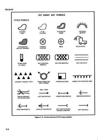 FM 34-52
I OTHER SYMBOLS
OCCUPIED
AREA
I
CONTAMINATED
AREA (OR RESERVE)
ATOMIC BOMB
OR D M C E
I
CONCRETE 'DRAGON 'TEETH
BRIDGE PREPARED
FOR DESTRUCTION
HEAW MACHINEGUN
I
KEY ENEMY MAP SYMBOLS 

TO BE OCCUPIEDBY DEFENSIVE
OCCUPIED ENEMY INFANIRY
CHEMICAL MEDIC DECONTRUCK
TROOPER
ANTI-PERSONNEL ANITTANK MINEFIELD ANTI-TANK DITCH
MINEFIELD
ENEMYTIMBER AND FORTIFIEDBUILDING BARBED OR CONCERTINA WIRE
EARTH BUNKER
SMALL ARMS
L -
UGHT MACHINEGUN COMPANY MACHINEGUN MEDIUM MACHINEGUN
+
HEAW AA MACHINEGUN ANTI-TANK RECOILESS
ANTI-TANK RIFLE 

GRENADE LAUNCHER 

Figure C-4. Sovietand non-NATOmapsymbols.
 