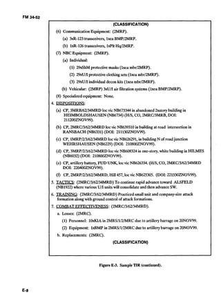 FM 34-52
(CLASSIFICATION)
(6) CommunicationEquipment: (2MRP).
(a) 3xR-123transceivers, lxea BMP/2MRP.
(b) 1xR-126transceivers, lxPlt Hql2MRP.
(7) NBC Equipment: (2MRP).
(a) Individual:
(1) 29xShMprotectivemasks (lxea mbrJ2MRP).
(2) 2%U/I protective clothingsets (lxea mbrl2MRP).
(3) 29xU/I individualdecon kits (lxea mbrl2MRP).
(b) Vehicular: (2MRP) 3xU/I air filtration systems (lxea BMP/2MRP).
(8) Specializedequipment: None.
4. DISPOSITIONS:
(a) CP, 3MRB/62/34MRDlocvic NB673344 in abandoned2xstory buildingin

HEIMBOLDSHAUSEN (NB6734) (HIS, CO, 2MRC/3MRB,DOI: 

211200ZNOV99). 

(b) CP, 2MRC/3/62/34MRDlocvicNB639310 in buildingat road intersectionin 

RANSBACH (NB6331) (DOI: 211130ZNOV99). 

(c) CP, lMRP/2/3/62/34MRDlocvic NB626291, in building N of road junction 

WEHRSHAUSEN (NB6229) (DOI: 210800ZNOV99). 

(d) CP, 3MRP/2/3/62/34MRDlocvic NB608324 in one-story,white buildingin HILMES
(NB6032) (DOI: 210800ZNOV99).
(e) CP, artillerybattery, FUD UNK, locvic NB626334. (WS, CO, 2MRC/3/62/34MRD 

DOI: 220400ZNOV99). 

(f) CP, 2MRP/2/3/62/34MRD,Hill457, locvic NB625305. (DOI: 221330ZNOV99).
5. TACTICS: (2MRC/3/62/34MRD) To continuerapid advancetoward ALSFELD
(NB1922) where variousU/Iunits will consolidateand then advanceSW.
6. TRAINING: (2MRC/3/62/34MRD) Practiced small unit and company-size attack
formation alongwith ground controlof attackformations.
7. COMBAT EFFECTIVENESS: (2MRC/3/62/34MRD).
a. Losses: (2MRC).
(1) Personnel: lOxKIA in 2MRS/1/2/MRCdue to artillerybarrage on 20NOV99.
(2) Equipment: lxBMP in 2MRS/1/2MRCdue to artillerybarrage on 20NOV99.
b. Replacements: (2MRC).
(CLASSIFICATION)
-
FigureE-3. SampleTIR (continued).
 
