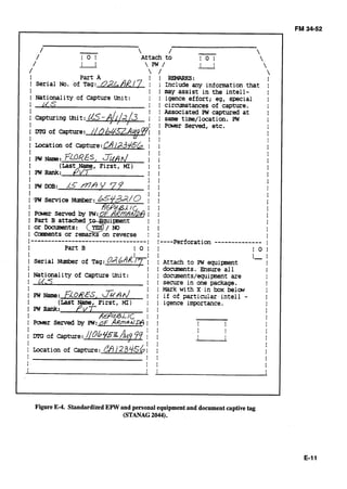 FM 34-52
/ -  / 	 
/ I 0 I Attach to 1 0 1 I I
/ I 	  P W / II I 	 II
/
I
 / 
Part A I I REMRRKS: I
I Serial No. of Tag: R ~ L I % / ~i 	 II Include any information that
I
I Nationality of Capture Unlt:
I LLS
I Capturing Unit:d&-/)/(/~/3
I
I
I
I
I
I
I
I may assist in the intell- I
I igence effort; eg, special I
I circumstances of capture. I
I
I Associated PW captured at
: same time/location. PW I
I Power Served, etc. I
I I
I	I I
I 	 I
II I
I
I I
I I
II I
II I
II I
I
I
I
I
II I
II I
I
I----Perforation-------------- I
I 	 I 0 I
I 	 I I
1- I
I WIG of Capture: //Oh45zAW99I
I
II
I Location of capture:CAl23#5& I
I
I; rw -: FiORZ5, Jmd I
II
, First, MI) I
I
r PWDOB: / S M f i Y 29
I
I IPW Senrice Number:
I
I Part B attached
I or Dccuments:
!----------------------------------I
I
part B 

I
II
II
II
II
II
I 0 1
1
ISerial Number of T a g : 0 ~ 6 ~ ~  7 iAttach to PW equipment 

I 	 II I documents. Ensure all
I Nationality of Capture Unit: I I documents/equipnent are 1I
II 	
I I secure in one package.L
I
I I Mark with X in box below
I; PW Name: ~ 0 6 ' ~ ~ ~ 	
II
I I if of particular intell -
a (LastName, First, MI) I I igence rmportance. I
I PW Rank: VT I III
I
RE'P~6ilc I I
I m r served by PW:&F A u m ~ d r nI I
I I
I I
/ MG or capture:j/Db~5gAM?97 : I
I
I b a tion of Capture: rA123$56:
I II I
I
I II I
I
I II I
I
I II I
I
I
I I I
I I I
I
I
I I
I
I
I
I
I
Figure E-4. StandardizedEPWand personalequipmentand documentcaptivetag
(STAMG2044).
 