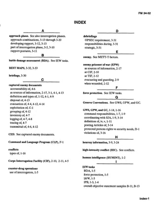 A
approachphase. Seealso interrogationphases. 

approach combinations,3-13through 3-20 

developingrapport, 3-12,3-13 

part of interrogationphase, 3-5,3-10 

rapport postures, 3-11 

B
battle damageassessment (BDA). See IEW tasks.
BEST MAPS, 3-32,3-33
briefings,3-30 

C
capturedenemydocuments
accountability of, 4-6 

as sourcesof information,2-17,3-1,4-1,4-13 

definitionand types of, 1-12,4-1,4-9 

disposal of, 4-13 

evacuation of, 4-4,4-12,4-14 

exploitationof, C-1 

groupingof, 4-12 

inventoryof, 4-7 

loggingof, 4-7,4-8 

tracingof, 4-7 

transmittal of, 4-6,4-12 

CED. See captured enemydocuments.
Command and LanguageProgram (CLP),F-1 

conflicts
types of, 1-16 

Corps InterrogationFacility (CIF), 2-10, 2-11,4-5
counter-drugoperations
use of interrogators,1-5 

INDEX 

debriefings
OPSECrequirement, 3-31 

responsibilitiesduring,3-31 

strategic,3-31 

E
enemy. SeeME=-T factors.
enemyprisoner ofwar (EPW) 

as sourcesof information, 2-17 

at CIF,2-10 

at TIF, 2-12 

evacuatingand guarding, 2-9 

when wounded, 2-12 

F
force protection. See IEW tasks.
G
Geneva Conventions. See GWS, GPW,and GC.
GWS, GPW, and GC, 1-14,l-16 

command responsibilities, 1-7,1-9 

coordinatingwith SJA, 1-9,3-14 

definitionof, iv, v, 1-11

postingArticlesof, 3-14 

protected persons rightsvs security needs, D-1 

violationsof,3-16 

hearsayinformation, 3-9,3-24
high-intensityconflict (HIC). Seeconflicts.
human intelligence (HUMINT), 1-2 

I 

IEW tasks
BDA, 1-5 

force protection, 1-5 

I&W, 1-3 

IPB, 1-3,l-4 

overall objectivestatementsamplesB-11, B-13 

 