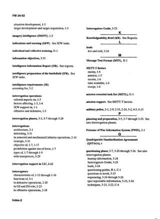 situation development, 1-5 

target developmentand target acquisition,1-5 

imagery intelligence (IMINT),1-2 

indications andwarning (I&W). SeeIEW tasks.
individualand collectivetraining, G-1 

information objectives, 3-31 

IntelligenceInformationReport (IIR). Seereports.
intelligence preparation of the battlefield (IPB). See
IEW tasks.
intelligence requirements (IR) 

screeningfor, 3-2 

interrogationoperations 

culturalaspectson, 1-5 

factorsaffecting, 1-5,1-6 

IEW supportin, 1-1

offensiveand defensive, 1-5 

interrogationphases, 343-7 through 3-28 

interrogations 

architecture,2-1 

debriefing,3-31 

in armored and mechanized infantryoperations,2-16 

strategic,3-31 

objectiveof, 1-7,l-17 

prohibitionagainst use of force, 1-7 

types of, 1-7through 1-9 

with interpretors,3-29 

interrogationsupport in LIC, 2-21 

interrogators 

characteristicsof, 1-12through 1-16 

functionsof, 3-1 

in defensiveoperations, 2-20

in GS and DS role,2-23 

in offensiveoperations,2-18 

Interrogators Guide, 3-23 

K
KnowledgeabilityBrief (KB). SeeReports.
L
leads 

hot and cold,3-24 

M
Message Text Format 0,E-1 

ME'IT-T factors 

enemy, 1-6 

mission, 1-5 

terrain, 1-6 

time available, 1-6 

troops, 1-6 

mission essentialtasklist (METL), G-1 

mission support. SeeMETT-Tfactors.
military police, 2-1,2-9,2-13,2-24,3-2,4-5,4-13
P
planning and preparation, 3-5,3-7through 3-10. See
also interrogation phases.
Prisoner of War InformationSystem (PWIS), 2-1

Q
Quadripartite StandardizationAgreements 

(QSTAGs),v 

questioningphase, 3-7,3-20through 3-26. Seealso
interrogationphases. 

hearsay information,3-24 

Interrogators Guide, 3-23 

leads,3-24 

questioning guides, B-1, C-1 

questions to avoid,3-23 

sequencing,3-24through 3-26 

spot reportable information,3-23,3-24 

techniques,3-21,3-22, C-4 

 