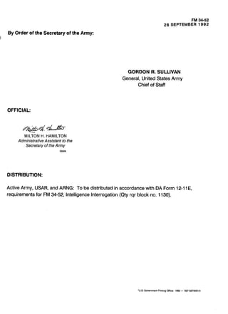 I
FM 34-52
28 SEPTEMBER 1992
By Order of the Secretary of the Army:
GORDON R. SULLIVAN
General, United States Army
Chief of Staff
OFFICIAL:
MILTON H. HAMILTON
AdministrativeAssistant to the 

Secretary of the Army 

02404
DISTRIBUTION:
Active Army, USAR,and ARNG: To be distributedin accordancewith DA Form 12-11El
requirements for FM 34-52, Intelligence Interrogation (Qty rqr block no. 1130).
'U.S. Government PrintingOffice: 1992- 627-027160015
 