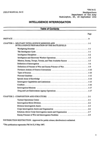 *FM34-52
FIELD MANUAL34-52 Headquarters
Department of the Anny
Washington. DC. 28 September 1992
INTELLIGENCE INTERROGATION
Table of Contents
Page
PREFACE . . . . . . . . . . . . . . . . . . . . . . . . . . . . . . . . . . . . . . . . . . . . . . . . . . . . . . . .iv

CHAPTER 1 .MILITARY INTELLIGENCEMISSIONSAND . . . . . . . . . . . . . . . . . . . . . . . .1.1 

INTELLIGENCEPREPARATIONOFTHEBATTLEFIELD 

WarfightingDoctrine . . . . . . . . . . . . . . . . . . . . . . . . . . . . . . . . . . . . . . .1.1

The Intelligence Cycle . . . . . . . . . . . . . . . . . . . . . . . . . . . . . . . . . . . . . . .1.1 

IntelligenceDisciplines . . . . . . . . . . . . . . . . . . . . . . . . . . . . . . . . . . . . . .1.2 

Intelligenceand ElectronicWarfare Operations . . . . . . . . . . . . . . . . . . . . . . . .1-3 

Mission. Enemy. Troops. Terrain. and TimeAvailable Factors . . . . . . . . . . . . . . . 1-5 

Definitionof Interrogation . . . . . . . . . . . . . . . . . . . . . . . . . . . . . . . . . . . .1.6

Definitionof Prisoner of War and EnemyPrisonerof War . . . . . . . . . . . . . . . . . .1.9 

Pertinent Articles of Geneva Conventions . . . . . . . . . . . . . . . . . . . . . . . . . . .1.10 

Types of Sources . . . . . . . . . . . . . . . . . . . . . . . . . . . . . . . . . . . . . . . . . .1.10 

Personal Qualities . . . . . . . . . . . . . . . . . . . . . . . . . . . . . . . . . . . . . . . . .1.12 

SpecialAreas of Knowledge . . . . . . . . . . . . . . . . . . . . . . . . . . . . . . . . . . .1.14 

Interrogator Capabilitiesand Limitations . . . . . . . . . . . . . . . . . . . . . . . . . . . .1-15 

Conflicts . . . . . . . . . . . . . . . . . . . . . . . . . . . . . . . . . . . . . . . . . . . . . . .1.16 

Interrogation Missions . . . . . . . . . . . . . . . . . . . . . . . . . . . . . . . . . . . . . .1.17 

Drugand Law EnforcementAgency Operations . . . . . . . . . . . . . . . . . . . . . . . .1.17 

CHAPTER 2 .COMPOSITIONAND STRUCTURE . . . . . . . . . . . . . . . . . . . . . . . . . . . . . .2.1 

Tactical Operations Center . . . . . . . . . . . . . . . . . . . . . . . . . . . . . . . . . . . .2.1 

Interrogation Below Division . . . . . . . . . . . . . . . . . . . . . . . . . . . . . . . . . . .2.2 

Division Interrogation Assets . . . . . . . . . . . . . . . . . . . . . . . . . . . . . . . . . . .2.3 

Corps Interrogation Assets and Organization . . . . . . . . . . . . . . . . . . . . . . . . .2.6 

Echelons Above Corps InterrogationAssets and Organization . . . . . . . . . . . . . . .2.7 

Enemy Prisoner of War and InterrogationFacilities . . . . . . . . . . . . . . . . . . . . . 2.9 

DISTRIBUTIONRESTRICTION: Approved for publicrelease; distributionis unlimited.
*Thispublication supersedesFM 34.52. 8 May 1987.
 