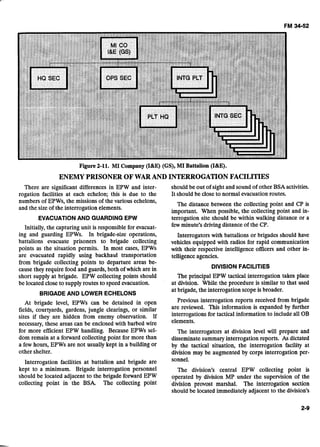 Figure 2-11. MI Company (ME) (GS), MI Battalion (ME). 

ENEMYPRISONER OFWAR AND INTERROGATIONFACILITIES 

There are significant differences in EPW and inter-
rogation facilities at each echelon; this is due to the
numbers of EPWs, the missions of the various echelons,
and the size of the interrogation elements.
EVACUATIONAND GUARDING EPW
Initially,the capturing unit is responsible for evacuat-
ing and guarding EPWs. In brigade-size operations,
battalions evacuate prisoners to brigade collecting
points as the situation permits. In most cases, EPWs
are evacuated rapidly using backhaul transportation
from brigade collecting points to departure areas be-
cause they require food and guards, both of which are in
short supply at brigade. EPW collecting points should
be located close to supply routes to speed evacuation.
BRIGADEAND LOWER ECHELONS
At brigade level, EPWs can be detained in open
fields, courtyards, gardens, jungle clearings, or similar
sites if they are hidden from enemy observation. If
necessary, these areas can be enclosed with barbed wire
for more efficient EPW handling. Because EPWs sel-
dom remain at a forward collecting point for more than
a few hours, EPWs are not usually kept in a building or
other shelter.
Interrogation facilities at battalion and brigade are
kept to a minimum. Brigade interrogation personnel
should be located adjacent to the brigade forward EPW
collecting point in the BSA. The collecting point
should be out of sight and sound of other BSAactivities.
It should be close to normal evacuation routes.
The distance between the collecting point and CP is
important. When possible, the collecting point and in-
terrogation site should be within walking distance or a
fewminute's drivingdistance of the CP.
Interrogators with battalions or brigades should have
vehicles equipped with radios for rapid communication
with their respective intelligence officers and other in-
telligence agencies.
DIVISIONFACILITIES
The principal EPW tactical interrogation takes place
at division. While the procedure is similar to that used
at brigade, the interrogation scope is broader.
Previous interrogation reports received from brigade
are reviewed. This information is expanded by further
interrogations for tactical information to include all OB
elements.
The interrogators at division level will prepare and
disseminate summary interrogation reports. As dictated
by the tactical situation, the interrogation facility at
division may be augmented by corps interrogation per-
sonnel-
The division's central EPW collecting point is
operated by division Mp under the supervision of the
division provost marshal. The interrogation section
should be located immediately adjacent to the division's
 