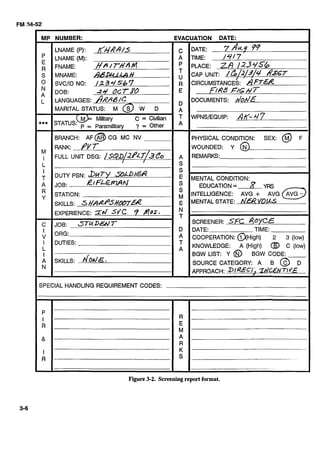 MP NUMBER: 	 EVACUATION DATE:
LNAME (P): / f / / d A / ~ c DATE: 7 h 9 99 

LNAME (M): A TIME: /4/7 

E
FNAME: HAITHAM P 	 PLACE: Z A lJ13956R 

s MNAME: A&%LL)H u CAP UNIT: /6/</3/4AXGT

0 SVC/ID NO: /234srb7 R CIRCUMSTANCE&: AF7&R 

DOB: 24 0~7-80 E f/RE F/GH 7 

A 

L IANGUAGES: A R A B ~ C ~ D
DOCUMENTS: &dE 

MARITAL STATUS: M S W A
&)= Military c = civilian T WPNSIEQUIP: A$- 47
*** STATUS: p = Paramilitary ? = Other A
BRANCH: AF @CG MC NV PHYSICAL CONDITION: SEX: @ F
RNK WOUNDED: Y @M
1 FULL UNIT DSG: s 2/47 3c0 	 A REMARKS:
L 	 S 

S , 

: DUmPSN: BUT]/a A D / s H 	 E MENTAL CONDITION:
A JOB: R ~ f L G r n ~ h j EDUCATION= 8 YRS
STATION: M INTELLIGENCE: AVG + AVG @Y
SKILLS: s~ A R P ' H ~ ~ T E R E MENTALSTATE: ~/ERI/OLLS
EXPERIENCE: ~ f ' f 7 flus- N
. T
SCREENER: Sfc ~ ~ Y C EC JOB: JTUD#f
I D DATE: TIME:
V ORG: A COOPERATION: @ ( ~ i ~ h ) 2 3 (low)
I DUTIES:
KNOWLEDGE: A (High) @ C (low)L 	 A
I BGW LIST: Y @ BGW CODE. 

A SKILLS: dod&- SOURCE CATEGORY: A I3 @ D

N
APPROACH: DI@C.j; Tdc& 7-1d&
SPECIAL HANDLING REQUIREMENT CODES:
P
I
R
84
I
R
R
E
M
A
R
K
S --- -
-
--
Figure 3-2.Screeningreportformat.
 