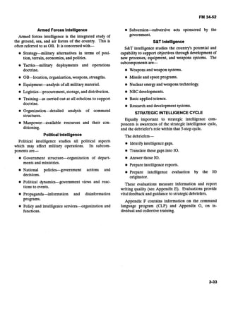 Armed ForcesIntelligence
Armed forces intelligence is the integrated study of
the ground, sea, and air forces of the country. This is
often referred to as OB. It is concerned with-
e Strategy-military alternatives in terms of posi-
tion, terrain, economics, and politics.
a Tactics-military deployments and operations
doctrine.
e OB-location, organization, weapons, strengths.
Equipment-analysis of all military materiel.
Logistics-procurement, storage, and distribution.
Training-as carried out at all echelons to support
doctrine.
Organization-detailed analysis of command
structures.
Manpower-available resources and their con-
ditioning.
Political Intelligence
Political intelligence studies all political aspects
which may affect military operations. Its subcom-
ponents are-
Government structure-organization of depart-
ments and ministries.
e National policies-government actions and
decisions.
Political dynamics-government views and reac-
tions to events.
Propaganda-information and disinformation
programs.
Policy and intelligence services-organization and
functions.
Subversion-subversive acts sponsored by the
government.
S&T Intelligence
S&T intelligence studies the country's potential and
capability to support objectives through development of
new processes, equipment, and weapons systems. The
subcomponents a r e
Weapons and weapon systems.
Missile and space programs.
Nuclear energy andweapons technology.
NBC developments.
a Basic applied science.
Research and development systems.
STRATEGIC INTELLIGENCECYCLE
Equally important to strategic intelligence com-
ponents is awareness of the strategic intelligence cycle,
and the debriefer's role within that 5-step cycle.
The debriefers-
Identify intelligence gaps.
Translate these gaps into 10.
Answer those 10.
Prepare intelligence reports.
a Prepare intelligence evaluation by the I 0
originator.
These evaluations measure information and report
writing quality (see Appendix E). Evaluations provide
vital feedback and guidance to strategicdebriefers.
Appendix F contains information on the command
language program (CLP) and Appendix G, on in-
dividual and collectivetraining.
 