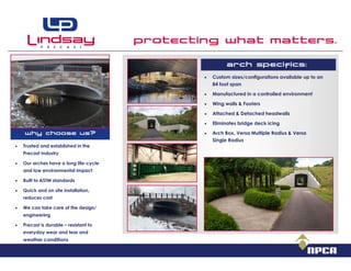 Protecting what matters.
Why choose us?
Contact:
800-837-7788 • 330-854-4511
Trusted and established in the
Precast Industry
Our arches have a long life-cycle
and low environmental impact
Built to ASTM standards
Quick and on site installation,
reduces cost
We can take care of the design/
engineering
Precast is durable – resistant to
everyday wear and tear and
weather conditions
arch Specifics:
Custom sizes/configurations available up to an
84 foot span
Manufactured in a controlled environment
Wing walls & Footers
Attached & Detached headwalls
Eliminates bridge deck icing
Arch Box, Versa Multiple Radius & Versa
Single Radius
 