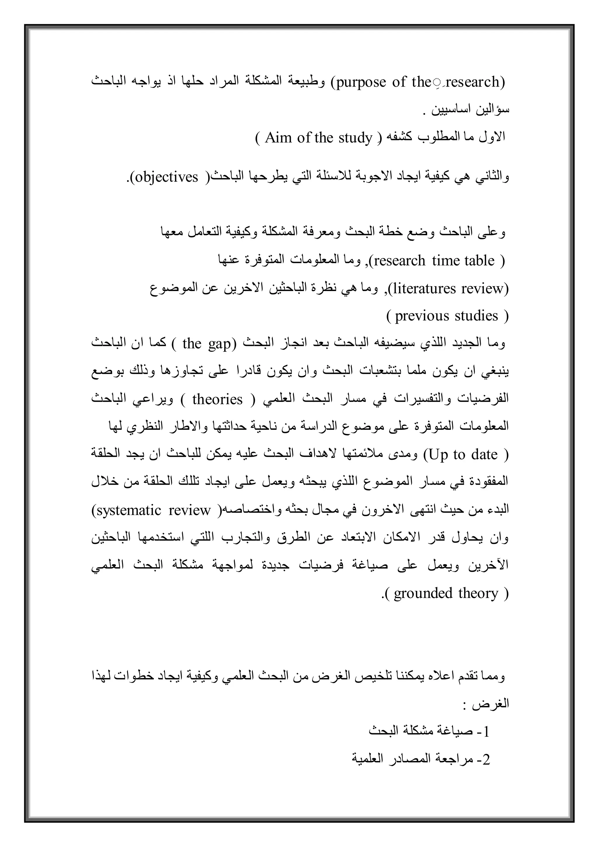 (
research
ِ
ِ
ِ
purpose of the
‫الباحث‬ ‫يواجه‬ ‫اذ‬ ‫حلها‬ ‫المراد‬ ‫المشكلة‬ ‫وطبيعة‬ )
‫اساسيين‬ ‫سؤالين‬
.
ِ( ‫كشفه‬ ‫المطلوب‬ ‫ما‬ ‫االول‬
Aim of the study
)
‫لال‬ ‫االجوبة‬ ‫ايجاد‬ ‫كيفية‬ ‫هي‬ ‫والثاني‬
(‫الباحث‬ ‫يطرحها‬ ‫التي‬ ‫سئلة‬
objectives
.)
‫ومعرفة‬ ‫البحث‬ ‫خطة‬ ‫وضع‬ ‫الباحث‬ ‫وعلى‬
‫معها‬ ‫التعامل‬ ‫وكيفية‬ ‫المشكلة‬
(
research time table
‫عنها‬ ‫المتوفرة‬ ‫المعلومات‬ ‫وما‬ ,)
(
literatures review
,)
‫الموضوع‬ ‫عن‬ ‫االخرين‬ ‫الباحثين‬ ‫نظرة‬ ‫هي‬ ‫وما‬
(
previous studies
)
‫البحث‬ ‫انجاز‬ ‫بعد‬ ‫الباحث‬ ‫سيضيفه‬ ‫اللذي‬ ‫الجديد‬ ‫وما‬
(
the gap
)
‫الباحث‬ ‫ان‬ ‫كما‬
‫قادرا‬ ‫يكون‬ ‫وان‬ ‫البحث‬ ‫بتشعبات‬ ‫ملما‬ ‫يكون‬ ‫ان‬ ‫ينبغي‬
‫بوضع‬ ‫وذلك‬ ‫تجاوزها‬ ‫على‬
‫العلمي‬ ‫البحث‬ ‫مسار‬ ‫في‬ ‫والتفسيرات‬ ‫الفرضيات‬
(
theories
)
‫الب‬ ‫ويراعي‬
‫ا‬
‫حث‬
‫من‬ ‫الدراسة‬ ‫موضوع‬ ‫على‬ ‫المتوفرة‬ ‫المعلومات‬
‫له‬ ‫النظري‬ ‫واالطار‬ ‫حداثتها‬ ‫ناحية‬
‫ا‬
(
(Up to date
‫الحلقة‬ ‫يجد‬ ‫ان‬ ‫للباحث‬ ‫يمكن‬ ‫عليه‬ ‫البحث‬ ‫الهداف‬ ‫مالئمتها‬ ‫ومدى‬
‫خالل‬ ‫من‬ ‫الحلقة‬ ‫تللك‬ ‫ايجاد‬ ‫على‬ ‫ويعمل‬ ‫يبحثه‬ ‫اللذي‬ ‫الموضوع‬ ‫مسار‬ ‫في‬ ‫المفقودة‬
‫انتهى‬ ‫حيث‬ ‫من‬ ‫البدء‬
‫واختصاصه‬ ‫بحثه‬ ‫مجال‬ ‫في‬ ‫االخرون‬
(
systematic review
)
‫الباحثين‬ ‫استخدمها‬ ‫اللتي‬ ‫والتجارب‬ ‫الطرق‬ ‫عن‬ ‫االبتعاد‬ ‫االمكان‬ ‫قدر‬ ‫يحاول‬ ‫وان‬
‫العلمي‬ ‫البحث‬ ‫مشكلة‬ ‫لمواجهة‬ ‫جديدة‬ ‫فرضيات‬ ‫صياغة‬ ‫على‬ ‫ويعمل‬ ‫اآلخرين‬
(
grounded theory
.)
‫لهذا‬ ‫خطوات‬ ‫ايجاد‬ ‫وكيفية‬ ‫العلمي‬ ‫البحث‬ ‫من‬ ‫الغرض‬ ‫تلخيص‬ ‫يمكننا‬ ‫اعاله‬ ‫تقدم‬ ‫ومما‬
: ‫الغرض‬
1
-
‫البحث‬ ‫مشكلة‬ ‫صياغة‬
2
-
‫العلمية‬ ‫المصادر‬ ‫مراجعة‬
 