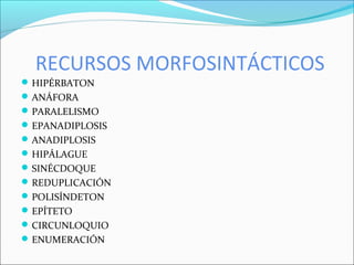 RECURSOS MORFOSINTÁCTICOS
HIPÉRBATON
ANÁFORA
PARALELISMO
EPANADIPLOSIS
ANADIPLOSIS
HIPÁLAGUE
SINÉCDOQUE
REDUPLICACIÓN
POLISÍNDETON
EPÍTETO
CIRCUNLOQUIO
ENUMERACIÓN
 