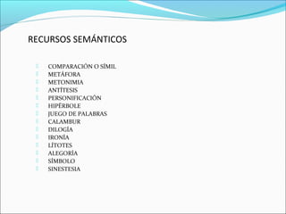 RECURSOS SEMÁNTICOS
 COMPARACIÓN O SÍMIL
 METÁFORA
 METONIMIA
 ANTÍTESIS
 PERSONIFICACIÓN
 HIPÉRBOLE
 JUEGO DE PALABRAS
 CALAMBUR
 DILOGÍA
 IRONÍA
 LÍTOTES
 ALEGORÍA
 SÍMBOLO
 SINESTESIA
 