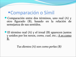 •Comparación o Símil
Comparación entre dos términos, uno real (A) y
otro figurado (B), basado en la relación de
semejanza de sus sentidos.
El término real (A) y el irreal (B) aparecen juntos
y unidos por los nexos, como, cual, etc.; A es como
B.
Tus dientes (A) son como perlas (B)
 