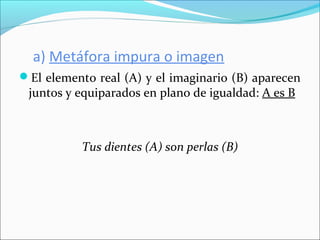a) Metáfora impura o imagen
El elemento real (A) y el imaginario (B) aparecen
juntos y equiparados en plano de igualdad: A es B
Tus dientes (A) son perlas (B)
 