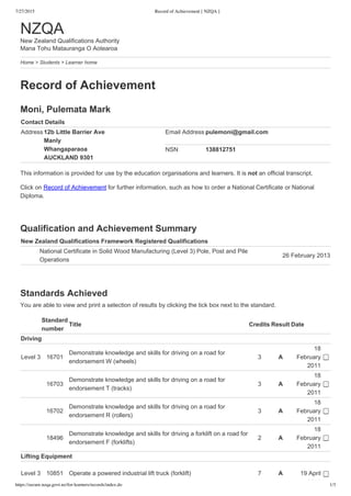 7/27/2015 Record of Achievement [ NZQA ]
https://secure.nzqa.govt.nz/for-learners/records/index.do 1/3
NZQA
New Zealand Qualifications Authority
Mana Tohu Matauranga O Aotearoa
Home > Students > Learner home
Record of Achievement
Moni, Pulemata Mark
Contact Details
Address 12b Little Barrier Ave
Manly
Whangaparaoa
AUCKLAND 9301
Email Address pulemoni@gmail.com
NSN 138812751
This information is provided for use by the education organisations and learners. It is not an official transcript.
Click on Record of Achievement for further information, such as how to order a National Certificate or National
Diploma.
Qualification and Achievement Summary
New Zealand Qualifications Framework Registered Qualifications
       
National Certificate in Solid Wood Manufacturing (Level 3) Pole, Post and Pile
Operations
26 February 2013
Standards Achieved
You are able to view and print a selection of results by clicking the tick box next to the standard.
Standard
number
Title Credits Result Date
Driving
Level 3 16701
Demonstrate knowledge and skills for driving on a road for
endorsement W (wheels)
3 A
18
February
2011
16703
Demonstrate knowledge and skills for driving on a road for
endorsement T (tracks)
3 A
18
February
2011
16702
Demonstrate knowledge and skills for driving on a road for
endorsement R (rollers)
3 A
18
February
2011
18496
Demonstrate knowledge and skills for driving a forklift on a road for
endorsement F (forklifts)
2 A
18
February
2011
Lifting Equipment
Level 3 10851 Operate a powered industrial lift truck (forklift) 7 A 19 April
2013
 
