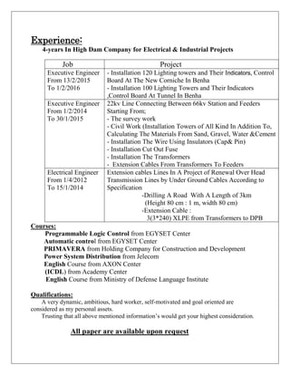 Experience:
4-years In High Dam Company for Electrical & Industrial Projects
Job Project
Executive Engineer
From 13/2/2015
To 1/2/2016
- Installation 120 Lighting towers and Their Indicators, Control
Board At The New Corniche In Benha
- Installation 100 Lighting Towers and Their Indicators
,Control Board At Tunnel In Benha
Executive Engineer
From 1/2/2014
To 30/1/2015
22kv Line Connecting Between 66kv Station and Feeders
Starting From;
- The survey work
- Civil Work (Installation Towers of All Kind In Addition To,
Calculating The Materials From Sand, Gravel, Water &Cement
- Installation The Wire Using Insulators (Cap& Pin)
- Installation Cut Out Fuse
- Installation The Transformers
- Extension Cables From Transformers To Feeders
Electrical Engineer
From 1/4/2012
To 15/1/2014
Extension cables Lines In A Project of Renewal Over Head
Transmission Lines by Under Ground Cables According to
Specification
-Drilling A Road With A Length of 3km
(Height 80 cm : 1 m, width 80 cm)
-Extension Cable :
3(3*240) XLPE from Transformers to DPB
Courses:
Programmable Logic Control from EGYSET Center
Automatic control from EGYSET Center
PRIMAVERA from Holding Company for Construction and Development
Power System Distribution from Jelecom
English Course from AXON Center
(ICDL) from Academy Center
English Course from Ministry of Defense Language Institute
Qualifications:
A very dynamic, ambitious, hard worker, self-motivated and goal oriented are
considered as my personal assets.
Trusting that all above mentioned information’s would get your highest consideration.
All paper are available upon request
 