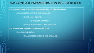 BSR CONTROL PARAMETERS IE IN RRC PROTOCOL
RRC CONNECTION SETUP / REESTABLISHMENT / RECONFIGURATION
IE RADIO RESSOURCE CONFIG DEDICATED
IE MAC MAIN CONFIG
IE UE EUTRA CAPABILITY
IE LOGICAL CHANNEL CONFIGURATION
RRC HANDOVER PREPARATION INFORMATION
IE AS CONFIGURATION
IE RADIO RESSOURCE CONFIG DEDICATED
 
