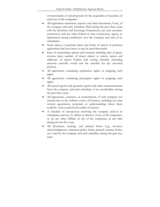 Inside the Minds – Published by Aspatore Books
or memoranda of oral proposals for the acquisition of securities of
each/any of the companies
• All registration statements, reports, and other documents, if any, of
the company and each subsidiary filed during the past three years
with the Securities and Exchange Commission, any state securities
commission and any other federal or state commission, agency or
department having jurisdiction over the company and each of its
subsidiaries
• Stock option or purchase plans and forms of option or purchase
agreements that have been or may be used thereunder
• Lists of outstanding options and warrants including date of grant,
exercise price, number of shares subject to option, names and
addresses of option holders and vesting schedule (including
amounts currently vested and the schedule for any unvested
portion)
• All agreements containing registration rights or assigning such
rights
• All agreements containing preemptive rights or assigning such
rights
• All annual reports and quarterly reports and other communications
from the company and each subsidiary to its stockholders during
the past three years
• All agreements, contracts, or commitments of each company not
entered into in the ordinary course of business, including any joint
venture agreements, proposals or understandings where there
could be a real or perceived conflict of interest
• A schedule of transactions involving the company and/or its
subsidiaries and any (1) officer or director of any of the companies,
or (2) any other affiliate of any of the companies, at any time
during the last five years
• All brochures, catalogs, and printed forms (e.g., invoices,
acknowledgments, statement policy forms, printed contract forms,
etc.) used by the company and each subsidiary during the past two
years
 