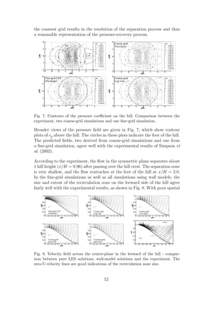 the coarsest grid results in the resolution of the separation process and thus
a reasonable representation of the pressure-recovery process.
X
Z
-4 -3 -2 -1 0 1 2 3
-2
-1
0
1
2
1
1
2
22
33
3
4
4
4
4
55
5
5
66
6
6
77
77
7
8
88
8
8
99
99
9
10
10
1010
10
11
11
11
111111
12
12
12
1212
12
12
13
13
13
13
13
13
13
13
14
14
14
15
15
x/H
z/H
-4 -3 -2 -1 0 1 2 3
-2
-1
0
1
2
Level P
15 3.08E-01
14 2.13E-01
13 1.19E-01
12 2.40E-02
11 -7.05E-02
10 -1.65E-01
9 -2.60E-01
8 -3.54E-01
7 -4.49E-01
6 -5.43E-01
5 -6.36E-01
4 -7.32E-01
3 -8.27E-01
2 -9.21E-01
1 -1.02E+00
Coarse-grid
Two-layer
1
1
2
2
2
3
3
3
4
4
4
5
5
55
66
66
77
77
7
88
8
88
9
9
9
9
9
10
10
10
1010
10
11
11
11
111111
12
12
12
121213
13
13
13
13
13
13
13
13
14
14
14
14
14
15
15
15
x/H
z/H
-4 -3 -2 -1 0 1 2 3
-2
-1
0
1
2
Level P
15 3.08E-01
14 2.13E-01
13 1.19E-01
12 2.40E-02
11 -7.05E-02
10 -1.65E-01
9 -2.60E-01
8 -3.54E-01
7 -4.49E-01
6 -5.43E-01
5 -6.36E-01
4 -7.32E-01
3 -8.27E-01
2 -9.21E-01
1 -1.02E+00
Fine-grid LES
(Dynamic)
X
Z
-4 -3 -2 -1 0 1 2 3
-2
-1
0
1
2
1
1
2
2
2
3
3
3
44
4
5
5
5
6
6
6
6
77
7
77
8
88
88
99
9
9
9
10
10
10
10
10
10
11
11
11
11
1111
12
12
12
12
1212
12
12
13
13
13
13
13
13
13
13
14
14
14
14
15
15
x/H
z/H
-4 -3 -2 -1 0 1 2 3
-2
-1
0
1
2
Level P
15 3.08E-01
14 2.13E-01
13 1.19E-01
12 2.40E-02
11 -7.05E-02
10 -1.65E-01
9 -2.60E-01
8 -3.54E-01
7 -4.49E-01
6 -5.43E-01
5 -6.36E-01
4 -7.32E-01
3 -8.27E-01
2 -9.21E-01
1 -1.02E+00
Coarse-grid
Log Law
Fig. 7. Contours of the pressure coeﬃcient on the hill. Comparison between the
experiment, two coarse-grid simulations and one ﬁne-grid simulation.
Broader views of the pressure ﬁeld are given in Fig. 7, which show contour
plots of cp above the hill. The circles in these plots indicate the foot of the hill.
The predicted ﬁelds, two derived from coarse-grid simulations and one from
a ﬁne-grid simulation, agree well with the experimental results of Simpson et
al. (2002).
According to the experiment, the ﬂow in the symmetric plane separates about
1 hill height (x/H = 0.96) after passing over the hill crest. The separation zone
is very shallow, and the ﬂow reattaches at the foot of the hill at x/H = 2.0.
In the ﬁne-grid simulations as well as all simulations using wall models, the
size and extent of the recirculation zone on the leeward side of the hill agree
fairly well with the experimental results, as shown in Fig. 8. With poor spatial
x/H
y/H
0 0.2 0.4 0.6 0.8 1 1.2 1.4 1.6 1.8 20
0.2
0.4
0.6
0.8
1
1.2
1
Fine-grid LES
(Dynamic)
x/H
y/H
0 0.2 0.4 0.6 0.8 1 1.2 1.4 1.6 1.8 20
0.2
0.4
0.6
0.8
1
1.2
1
Coarse-grid
Log Law
x/H
y/H
0 0.2 0.4 0.6 0.8 1 1.2 1.4 1.6 1.8 20
0.2
0.4
0.6
0.8
1
1.2
1
Coarse-grid
Two-layer
x/H
y/H
0 0.2 0.4 0.6 0.8 1 1.2 1.4 1.6 1.8 20
0.2
0.4
0.6
0.8
1
1.2
1
Coarse-grid
pure LES
x/H
y/H
0 0.2 0.4 0.6 0.8 1 1.2 1.4 1.6 1.8 20
0.2
0.4
0.6
0.8
1
1.2
1
Coarsest-grid
pure LES
Fig. 8. Velocity ﬁeld across the centre-plane in the leeward of the hill - compar-
ison between pure LES solutions, wall-model solutions and the experiment. The
zero-U-velocity lines are good indications of the recirculation zone size.
12
 