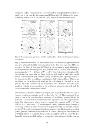 resolution and no-slip conditions, the recirculation zone predicted is either too
small - as is the case for the coarse-grid LES on the 3.5 million-node mesh -
or entirely absent - as is the case for the 1.5-million-node coarsest mesh.
x/H
z/H
0 0.5 1 1.5 2
-2
-1.5
-1
-0.5
0
Fine-grid LES
(Dynamic)
X
Z
0 0.5 1 1.5 2
-2
-1.5
-1
-0.5
0
x/H
z/H
0 0.5 1 1.5 2
-2
-1.5
-1
-0.5
0
Coarse-grid
Log Law
X
Z
0 0.5 1 1.5 2
-2
-1.5
-1
-0.5
0
x/H
z/H
0 0.5 1 1.5 2
-2
-1.5
-1
-0.5
0
Coarse-grid
Two-layer
X
Z
0 0.5 1 1.5 2
-2
-1.5
-1
-0.5
0
x/H
z/H
0 0.5 1 1.5 2
-2
-1.5
-1
-0.5
0
Coarsest-grid
Two-layer
Fig. 9. Topology maps predicted by the wall models, relative to the pure LES and
experiment.
Fig. 9 demonstrates that the simulations with the near-wall approximations
also give a broadly faithful representation of the ﬂow topology. The LDV ex-
periment by Byun & Simpson (2005) reveal the presence of a pair of counter-
rotating vortices detaching from the leeward side of the hill and centred at
approximately x/H = 1.2 and z/H = ±0.7. This feature is well captured by
the simulations, especially by those involving wall models. With the combi-
nation of the coarsest-grid and the no-slip conditions, the topology is seen to
be characterized by streaklines identifying a fully attached ﬂow. This is not
surprising, as the wall-normal height of the cells closest to the wall are com-
parable with the thickness of the separation zone. However, with the zonal
model, a realistic representation of the wall shear stress is returned, and the
correct vortical structure is recovered.
Downstream of the hill, in the wake region, one major ﬂow feature is a pair of
counter-rotating streamwise vortices, shown in Fig. 10. These originate from
the vorticity in the boundary layer upstream of the hill and generated from the
hill itself. The simulations are in fairly close agreement with the experimental
data. One discrepancy arises, however, around the location y/H = 0.7 and
z/H = ±0.4, where the LDV measurement clearly indicates the existence of
secondary vortices. Neither the simulations performed by the present authors,
nor the CFD studies performed by other researchers, i.e. Benhamadouche et al.
(2005), predict these secondary vortices. A Proper Orthogonal Decomposition
(POD) (Berkooz et al, 1993), discussed later, suggests that the vorticity shed
from the focus on the hill surface is propagated approximately to the location
13
 