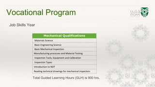 Vocational Program
Job Skills Year
Mechanical Qualifications
Materials Science
Basic Engineering Science
Basic Mechanical Inspection
Manufacturing processes and Material Testing
Inspection Tools, Equipment and Calibration
Inspection Types
Introduction to NDT
Reading technical drawings for mechanical inspectors
Total Guided Learning Hours (GLH) is 900 hrs.
 