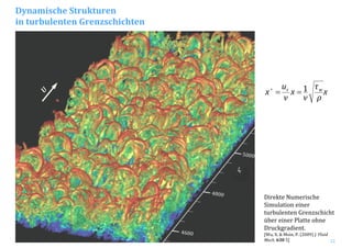 12
Direkte Numerische 
Simulation einer 
turbulenten Grenzschicht 
über einer Platte ohne 
Druckgradient.
[Wu, X. & Moin, P. (2009) J. Fluid 
Mech. 630 5] 
U
4600
4800
5000
x+
x
ρ
τ
ν
x
ν
u
x wτ 1==+
Dynamische Strukturen
in turbulenten Grenzschichten
 