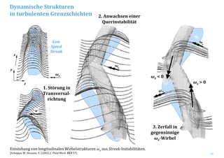 16
Entstehung von longitudinalen Wirbelstrukturen ωx aus Streak‐Instabilitäten.
[Schoppa, W, Hussain, F. (2002) J. Fluid Mech. 453 57]
ωz
2. Anwachsen einer 
Querinstabilität
ωx > 0
ωz
ω
z
ωx < 0
3. Zerfall in 
gegensinnige 
ωx­Wirbel
z
y
x
ωz
w̕
1. Störung in
Transversal­
richtung
Low
Speed
Streak
Dynamische Strukturen
in turbulenten Grenzschichten
 