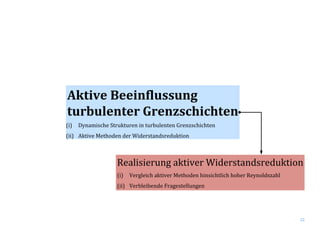 32
Realisierung aktiver Widerstandsreduktion
(i) Vergleich aktiver Methoden hinsichtlich hoher Reynoldszahl
(ii) Verbleibende Fragestellungen
Aktive Beeinflussung
turbulenter Grenzschichten
(i) Dynamische Strukturen in turbulenten Grenzschichten
(ii) Aktive Methoden der Widerstandsreduktion
 