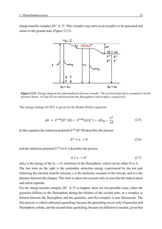 2. Photoluminescence 13
charge-transfer complex [D+
A–
]*. This complex may emit as an exciplex or be quenched and
return to the ground state (Figure 2.2.5).
The energy change for PET is given by the Rehm-Weller equation:
𝛥𝐺 = 𝐸 𝑟𝑒𝑑( 𝐷+
𝐷⁄ ) − 𝐸 𝑟𝑒𝑑( 𝐴 𝐴−⁄ ) − 𝛥𝐺00 −
𝑒2
𝜀𝑑
(2.5)
In this equation the reduction potential Ered
(D+
/D) describes the process
𝐷+
+ 𝑒 → 𝐷 (2.6)
and the reduction potential Ered
(A/A–
) describes the process
𝐴 + 𝑒 → 𝐴−
(2.7)
ΔG00 is the energy of the S0 → S1 transition of the fluorophore, which can be either D or A.
The last term on the right is the coulombic attraction energy experienced by the ion pair
following the electron transfer reaction, ε is the dielectric constant of the solvent, and d is the
distance between the charges. This term is taken into account only in case that the radical anion
and cation separate.
For the charge-transfer complex [D+
A–
]* to happen, there are two possible ways, either the
quencher diffuses to the fluorophore during the lifetime of the excited state, or a complex is
formed between the fluorophore and the quencher, and this complex is non fluorescent. The
first process is called collisional quenching, because the quenching occurs only if quencher and
fluorophore collide, and the second static quenching, because no diffusion is needed, given that
Figure 2.2.5 Energy diagram for photoinduced electron transfer. The excited molecule is assumed to be the
electron donor. νF and νE are emission from the fluorophore and exciplex, respectively
 