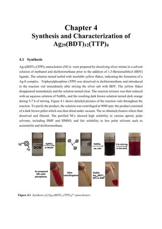 4 Chapter 4 3
Synthesis and Characterization of
Ag29(BDT)12(TTP)4
4.1 Synthesis
Ag29(BDT)12(TPP)4 nanoclusters (NCs) were prepared by dissolving silver nitrate in a solvent
solution of methanol and dichloromethane prior to the addition of 1,3-Benzenedithiol (BDT)
ligands. The solution turned turbid with insoluble yellow flakes, indicating the formation of a
Ag-S complex. Triphenylphosphine (TPP) was dissolved in dichloromethane and introduced
to the reaction vial immediately after mixing the silver salt with BDT. The yellow flakes
disappeared immediately and the solution turned clear. The reaction mixture was then reduced
with an aqueous solution of NaBH4, and the resulting dark brown solution turned dark orange
during 5-7 h of stirring. Figure 4.1 shows detailed pictures of the reaction vials throughout the
reaction. To purify the product, the solution was centrifuged at 9000 rpm: the product consisted
of a dark brown pellet which was then dried under vacuum. The so obtained clusters where than
dissolved and filtered. The purified NCs showed high solubility in various aprotic polar
solvents, including DMF and DMSO, and fair solubility in less polar solvents such as
acetonitrile and dichloromethane.
Figure 4.1 Synthesis of [Ag29(BDT)12(TTP)4]-3
nanoclusters.
 