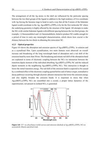 26 4. Synthesis and Characterization of Ag29(BDT)12(TTP)4
Figure 4.8 UV−vis absorbance (solid curves) and emission (dashed) of Ag29(BDT)12(TPP)4 NCs in
acetonitrile (black) and dried (red).
The arrangement of all the Ag atoms in the shell are influenced by the particular spacing
between the two thiol groups of the ligand in addition to the high tendency of S to coordinate
with Ag forcing the benzene rings to bend in such a way that all the S atoms of the bidentate
ligand would coordinate to the Ag. Ag29(BDT)12(TPP)4 is by far the first molecular NC where
the underlying geometry is highly affected by the structure of the ligand. All attempts to make
the NCs with similar bidentate ligands with different spacing between the two thiol groups, for
example, 1,2-benzenedithiol and 1,4- benzenedithiols, failed to produce NCs stable enough for
a period of time to carry any meaningful characterization, which shows how crucial is the
distance between the two thiols in obtaining this tetravalent NC.
4.2.3 Optical properties
Figure 4.8 shows the absorption and emission spectra of Ag29(BDT)12(TPP)4 in solution and
as a crystallized film. Upon crystallization, two main features were observed: an overall
increase and broadening of the long wavelength band of absorption and a red shift of the
emission band by more than 50 nm. The broadening and minute red shift of the absorption band
are explained in terms of electronic coupling between the NCs via interaction between the
transition dipole moment of the individual absorbing Ag29(BDT)12(TPP)4 NC and the induced
dipole moments in the neighboring Ag29(BDT)12(TPP)4 NCs. This interaction is thought to
lower the initial transition energy. The red shift of the emission band is expected to be caused
by a combined effect of the electronic coupling quoted before and of lattice-origin, nonradiative
decay pathways occurring through electron−phonon interaction that lower the emission energy
and also slightly broaden the emission bands. It is important to stress that when
Ag29(BDT)12(TPP)4 NCs are assembled into a crystal, a proper lattice dynamics of the
superstructure, not present in isolated NCs, is generated.
 