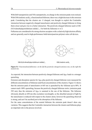 28 5. Photoinduced electron transfer
With ZnO nanoparticles and TiO2 nanoparticles, no change in the emission peaks were noticed.
With C60-(malonic acid)n, a functionalized fullerene, there was a slight decrease in the emission
peak. Considering that the clusters are -3 charged, was thought to exploit the Coulombic
interaction between negatively charged nanoclusters and positively charged fullerene to bring
them closer and give rise to a better interaction. The positively charged fullerene used is C60-
(N,N-dimethylpyrrolidinium iodide)+
n . For both the fullerenes 𝑛 ≅ 3.
Fullerenes are considered to be strong electron acceptors with a relatively high electron affinity
and are generally used in high-performance bulk-heterojunction polymer solar cell devices.
As expected, the interaction between positively charged fullerene and Ag29 leads to a stronger
quenching.
Emission and absorption spectra for Ag29 plus positively charged fullerene were measured for
different concentrations of fullerene (and fixed concentrations of the clusters). Figure 5.2 shows
that the emission peak of nanoclusters at 645 nm is quenched by the fullerene up to 80%. It
cannot reach 100% quenching, because the positively charged fullerene emits, (emission peak
595 nm), thus the emission of Ag29 is summed to the one of the fullerene. The fullerene
obviously absorbs at 450 nm (the excitation wavelength), so the absorbed amount of light by
the nanoclusters is reduced with respect to the clusters alone, however the quenching observed
is strong, and can’t be ascribed just to the absorption of the fullerene.
For the same concentrations of the neutral fullerene the emission peak doesn’t show any
variation. This suggests that the Coulombic interaction between the clusters and fullerene plays
an important role in the process involved.
Figure 5.1 Functionalized fullerenes: on the left the positively charged (cationic) one, on the right the
neutral one.
 
