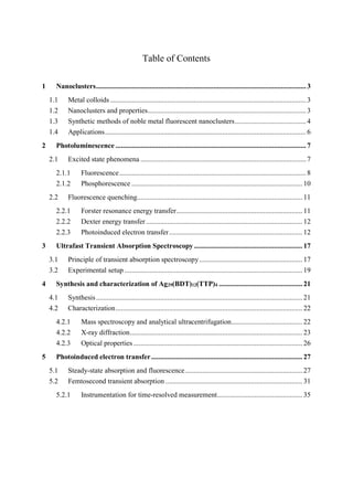 Table of Contents
1 Nanoclusters...................................................................................................................... 3
1.1 Metal colloids .............................................................................................................. 3
1.2 Nanoclusters and properties......................................................................................... 3
1.3 Synthetic methods of noble metal fluorescent nanoclusters........................................ 4
1.4 Applications................................................................................................................. 6
2 Photoluminescence ........................................................................................................... 7
2.1 Excited state phenomena ............................................................................................. 7
2.1.1 Fluorescence......................................................................................................... 8
2.1.2 Phosphorescence ................................................................................................ 10
2.2 Fluorescence quenching............................................................................................. 11
2.2.1 Forster resonance energy transfer.......................................................................11
2.2.2 Dexter energy transfer........................................................................................12
2.2.3 Photoinduced electron transfer...........................................................................12
3 Ultrafast Transient Absorption Spectroscopy............................................................. 17
3.1 Principle of transient absorption spectroscopy.......................................................... 17
3.2 Experimental setup ....................................................................................................19
4 Synthesis and characterization of Ag29(BDT)12(TTP)4 ...............................................21
4.1 Synthesis....................................................................................................................21
4.2 Characterization.........................................................................................................22
4.2.1 Mass spectroscopy and analytical ultracentrifugation........................................22
4.2.2 X-ray diffraction.................................................................................................23
4.2.3 Optical properties ............................................................................................... 26
5 Photoinduced electron transfer.....................................................................................27
5.1 Steady-state absorption and fluorescence..................................................................27
5.2 Femtosecond transient absorption .............................................................................31
5.2.1 Instrumentation for time-resolved measurement................................................35
 