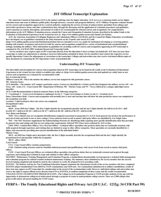 Page of17
02/18/2015
** PROTECTED BY FERPA **
17
JST Official Transcript Explanation
The American Council on Education (ACE) is the nation's unifying voice for higher education. ACE serves as a consensus leader on key higher
education issues and seeks to influence public policy through advocacy, research, and program initiatives. ACE's Military Programs evaluates formal
service courses and occupations approved by a central authority, employing the services of teams of subject-matter specialists from colleges and
universities (professors, deans, and other academicians) that, through the discussion and the application of evaluation procedures and guidelines,
reach consensus on content, description, and amount of credit to be recommended for selected courses and occupations. For comprehensive
information on the ACE Military Evaluation process, consult the Course and Occupation Evaluation Systems, described in the online Guide to the
Evaluation of Educational Experiences in the Armed Services at: http://www.militaryguides.acenet.edu/AboutCrsEval.htm).
ACE, the American Association of Collegiate Registrars and Admissions Officers (AACRAO), and the Council for Higher Education Accreditation
have developed a set of guidelines contained in the Joint Statement on the Transfer and Award of Credit
(http://www.militaryguides.acenet.edu/JointStatement/htm) that are intended to serve as a guide for institutions developing or reviewing policies
dealing with transfer, acceptance and award of credit for courses and occupations completed in a variety of institutional and extrainstitutional
settings, including the military. More information on guidelines for awarding credit for courses and occupations appearing on JST transcripts is
contained in The AACRAO 2003 Academic Record and Transcript Guide.
Service members may request copies of JST transcripts directly from the Operation Centers at https://jst.doded.mil. ACE does not issue these
transcripts or make any adjustments to missing or incorrect information contained in them. Service members must contact the respective service
specific Operations Centers for adjustments or corrections to the transcripts. Colleges and universities may also receive web-based official copies of
these documents by contacting the JST Operations Center at jst@doded.mil.
Understanding JST Transcripts
The full exhibit and description for courses and occupations listed on JST transcripts can be found in the Guide to the Evaluation of Educational
Experiences in the Armed Services which is available only online at: (http://www.militaryguides.acenet.edu) and updated on a daily basis as new
courses and occupations are evaluated for recommended credit.
Key to transcript terms:
Military Course ID - This is the number the military service has assigned for this particular course.
SH - Semester hours.
ACE Identifier - The number ACE assigns a particular course. Courses are identified by a 2-letter prefix that designates the military service (AF - Air
Force, AR - Army, CG - Coast Guard, DD - Department of Defense, MC - Marine Corps, and NV - Navy), followed by a unique eight-digit course
identifier.
ACE Credit Recommendation is listed in semester hours, in the following categories:
V = Vocational; L = Lower level (freshman or sophomore level); U = Upper level (Junior or Senior Level); G = Graduate level.
Dates Taken/Dates Held - Courses and occupations will normally have a start and end date that will show the time period the course was completed or
the occupation was held.
Location - Valid location(s) where the course was completed.
Occupational Codes:
Army MOS:
MOS - Army MOS has 5 digits. The first 3 digits identify the occupational specialty and the last 2 digits identify the skill level (E1-E4 = skill
level10; E5 = skill level 20; E6 = skill level 30; E7 = skill level 40; E8 - skill level 50; E9 = skill level 60).
Navy Rates and Ratings:
NER - Navy enlisted rates are occupation identifications assigned to personnel at paygrades E-1 to E-9. Each general rate involves the performance of
entry-level tasks and leads to one or more ratings. Career patterns from recruit to master chief petty officer are identified by 4 to 5-digit codes.
NEC - The NEC Structure supplements the Enlisted Rating Structure by identifying skills requiring more specific identification than that provided
by general rates and ratings and that are not rating-wide requirements. Selected NECS have been evaluated by ACE to date.
LDO, NWO - Limited Duty Officer, Navy Warrant Officer - Technical officer specialists who perform duties that are technically oriented, with
skills acquired through experience and training that are limited in scope to other officer categories. These specialties are normally identified by 4
digits, each successively providing more precise identification of the individual holder.
Marine Corps:
MCE - an MOS has 4 digits and a descriptive title; the first 2 digits normally describe the occupational field and the last 2 digits identify the
promotional level and specialty within the occupation.
MCO - officer MOS.
Coast Guard:
CGA - Coast Guard officer aviation competencies.
CGR - Enlisted rating structure used for classified enlisted personnel and qualifications, with career levels from recruit to master chief petty
officer.
CGW - Coast Guard Warrant Officers are technical officer specialists who perform duties that are technically oriented and acquired through
experience and training that is limited in scope and relation to other officer categories.
MATMEP - Maintenance Training Management and Evaluation Program, a standardized, documentable, level-progressive, technical skills management
and evaluation program for enlisted aviation technical maintenance training. The Summary sheet submitted by the service member lists the current
level of training completed and should be used by the evaluator to verify the attained level in awarding credit.
DANTES - The Defense Activity for Non-Traditional Education Support maintains the educational records of the service members who have completed
DANTES subject Standardized Tests (DSSTs), CLEP examinations, and GED tests. For examinations administered at military installations, results of
these tests may appear on JST transcripts for consideration in the award of the recommended credit. However, individual colleges and universities may
reserve the right to request official scores directly from ETS or DANTES, to confirm completion of these exams and the credits recommended.
COLLEGE LEVEL EXAMINATION PROGRAM (CLEP) - The College-Level Examination Program or CLEP provides students of any age with the
opportunity to demonstrate college-level achievement through a program of exams in undergraduate college courses. There are 2,900 colleges that
grant credit and/or advanced standing for CLEP exams.
FERPA - The Family Educational Rights and Privacy Act (20 U.S.C. 1232g; 34 CFR Part 99)
 