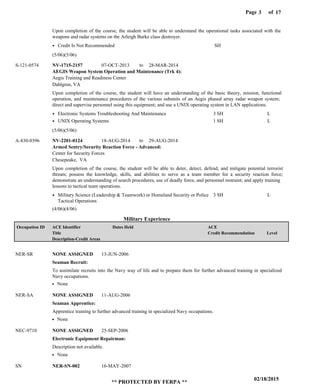Page of3
02/18/2015
** PROTECTED BY FERPA **
17
Military Experience
AEGIS Weapon System Operation and Maintenance (Trk 4):
Armed Sentry/Security Reaction Force - Advanced:
NV-1715-2157
NV-2201-0124
07-OCT-2013
18-AUG-2014
28-MAR-2014
29-AUG-2014
Upon completion of the course, the student will be able to understand the operational tasks associated with the
weapons and radar systems on the Arleigh Burke class destroyer.
Upon completion of the course, the student will have an understanding of the basic theory, mission, functional
operation, and maintenance procedures of the various subunits of an Aegis phased array radar weapon system;
direct and supervise personnel using this equipment; and use a UNIX operating system in LAN applications.
Upon completion of the course, the student will be able to deter, detect, defend, and mitigate potential terrorist
threats; possess the knowledge, skills, and abilities to serve as a team member for a security reaction force;
demonstrate an understanding of search procedures, use of deadly force, and personnel restraint; and apply training
lessons to tactical team operations.
S-121-0574
A-830-0396
Aegis Training and Readiness Center
Center for Security Forces
Dahlgren, VA
Chesepeake, VA
Credit Is Not Recommended
Electronic Systems Troubleshooting And Maintenance
UNIX Operating Systems
Military Science (Leadership & Teamwork) or Homeland Security or Police
Tactical Operations
SH
3 SH
1 SH
3 SH
L
L
L
Seaman Recruit:
Seaman Apprentice:
Electronic Equipment Repairman:
NONE ASSIGNED
NONE ASSIGNED
NONE ASSIGNED
NER-SN-002
NER-SR
NER-SA
NEC-9710
SN
To assimilate recruits into the Navy way of life and to prepare them for further advanced training in specialized
Navy occupations.
Apprentice training to further advanced training in specialized Navy occupations.
Description not available.
13-JUN-2006
11-AUG-2006
25-SEP-2006
16-MAY-2007
None
None
None
(5/06)(5/06)
(5/06)(5/06)
(4/06)(4/06)
to
to
Level
ACE
Credit Recommendation
Dates HeldACE Identifier
Title
Description-Credit Areas
Occupation ID
 