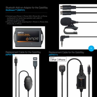 11
• Connect your iPhone 4, iPhone 3GS, iPhone 3G, or iPhone
via Bluetooth for hands-free operation with caller ID
displayed on factory radio
• Supports A2DP audio streaming from iPhone 4, iPhone 3GS,
iPhone 3G, or iPhone
Bluetooth Add-on-Adaptor for the GateWay
BluStream™ (ISBT21)
Replacement Cable for the GateWay
(ISPDC12)
Replacement Cable for the GateWay
(ISPDC11)
 