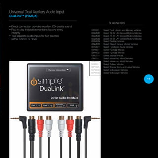 15
• Direct connection provides excellent CD-quality sound
• Plug-n-play installation maintains factory wiring
integrity
• Two separate Audio inputs for two sources
(either 3.5mm or RCA)
Universal Dual Auxiliary Audio Input
DuaLink™ (PXAUX)
DUALINK KITS
ISFD531	 Select Ford, Lincoln, and Mercury Vehicles
ISGM531	 Select 29-Bit LAN General Motors Vehicles
ISGM532	 Select 11-Bit LAN General Motors Vehicles
ISGM533	 Select 11-Bit LAN General Motors Vehicles
ISGM534	 Select Cadillac Vehicles
ISGM535	 Select Class II General Motors Vehicles
ISHD531	 Select Honda and Acura Vehicles
ISHY531	 Select Hyundai Vehicles
ISHY532	 Select Hyundai Vehicles
ISMZ531	 Select Mazda Vehicles
ISNI531	 Select Nissan and Infiniti Vehicles
ISNI532	 Select Nissan and Infiniti Vehicles
ISSB531	 Select Subaru Vehicles
ISTY531	 Select Toyota, Scion, and Lexus Vehicles
ISVW532	 Select Volkswagen Vehicles
ISVW533	 Select Volkswagen Vehicles
 