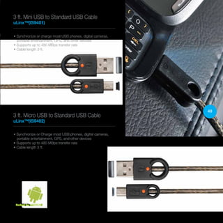 49
3 ft. Mini USB to Standard USB Cable
uLinx™(IS9401)
• Synchronize or charge most USB phones, digital cameras,
portable entertainment, GPS, and other devices
• Supports up to 480 MBps transfer rate
• Cable length 3 ft.
3 ft. Micro USB to Standard USB Cable
uLinx™(IS9402)
• Synchronize or Charge most USB phones, digital cameras,
portable entertainment, GPS, and other devices
• Supports up to 480 MBps transfer rate
• Cable length 3 ft.
Perfect for ANDROID
 