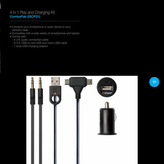 53
• Connects your smartphone or audio device to your
vehicle’s radio
• Compatible with a wide variety of smartphones and tablets
• Comes with:
- A 3 ft. audio connection cable
- A 3 ft. USB to mini-USB and micro-USB cable
- 1-amp USB charging adaptor
4 in 1 Play and Charging Kit
ComboPak (ISCP21)
 