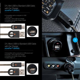 55
3 ft. Mini USB to Standard USB Cable
with Car Charger
uLinxPwr™ (IS4501)
3 ft. Micro USB to Standard USB Cable
with Car Charger
uLinxPwr™ (IS4502)
• Compatible with a computer or USB
power port
• Includes 1 Amp USB car charger
• Compact low-profile charger design
• Cable length 3 ft.
• Compatible with a computer or USB power port
• Includes 1 Amp USB Car Charger
• Compact low-profile charger design
• Cable length 3 ft.
 