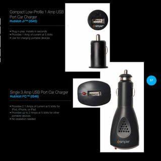 57
Compact Low-Profile 1 Amp USB
Port Car Charger
HubVolt Jr™ (IS45)
• Plug-n-play: Installs in seconds
• Provides 1 Amp of current at 5 Volts
• Use for charging portable devices
Single 3 Amp USB Port Car Charger
HubVolt FC™ (IS46)
• Provides 2.1 Amps of current at 5 Volts for
iPod, iPhone, or iPad
• Provides up to 3 Amps at 5 Volts for other
portable devices
• No istallation needed
 