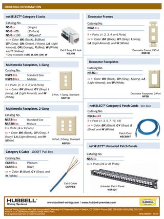 netSELECT® Unloaded Patch Panels
Catalog No.
NSJ6xx (Single)
NSJ6xx25 (25-Pack)
NSJ6xx100 (100pack)*
xx = Color: BK (Black), B (Blue),
GY (Gray), GN (Green), I (Ivory), LA (Light
Almond), OR (Orange), R (Red), W (White)
and Y (Yellow).
* Only Available in BK, B, OR, OW, W
ORDERING INFORMATION
Cat 6 Snap Fit Jack
NSJ6W
netSELECT® Category 6 Jacks Decorator Frames
Catalog No.
NS61#xx
# = Ports: (1, 2, 3, 4, or 6 Ports)
xx = Color: BK (Black), GY (Gray), I (Ivory),
LA (Light Almond), and W (White)
Decorator Frame, 2-Port
NS612I
Catalog No.
NSP1#xx Standard Size
NSP10#xx Midsize
# = Ports: (1, 2, 3, 4, or 6 Ports)
xx = Color: BK (Black), GY (Gray), I
(Ivory), LA (Light Almond), and W
(White)
Multimedia Faceplates, 1-Gang
3-Port, 1-Gang, Standard
NSP13I
Catalog No.
NSP2#xx Standard Size
NSP20#xx Midsize
# = Ports: (4 or 6 Ports)
xx = Color: BK (Black), GY (Gray), I
(Ivory), LA (Light Almond), and W
(White) 6-Port, 2-Gang, Standard
NSP26I
Multimedia Faceplates, 2-Gang
netSELECT® Category 6 Patch Cords Slim Boot
Catalog No.
NSC6xx##
# = Feet: (1, 3, 5, 7, 10, 15)
xx = Color: BK (Black), GY (Gray), B
(Blue), and W (White)
Patch Cord
NSC6B07
Catalog No.
NSPJxx
xx = Ports (24 or 48 Ports)
Category 6 Cable 1000FT Pull Box
Catalog No.
C6RPExx Plenum
C6RRExx Riser
xx = Color: B (Blue), GY (Gray), and
W (White)
Unloaded Patch Panel
NSPJ24
Cat 6 Cable
C6RPEB
Decorator Faceplates
Catalog No.
NP26xx
xx = Color: BK (Black), GY (Gray), I (Ivory), LA
(Light Almond), and W (White)
Decorator Faceplate, 2-Port
NP26I
 