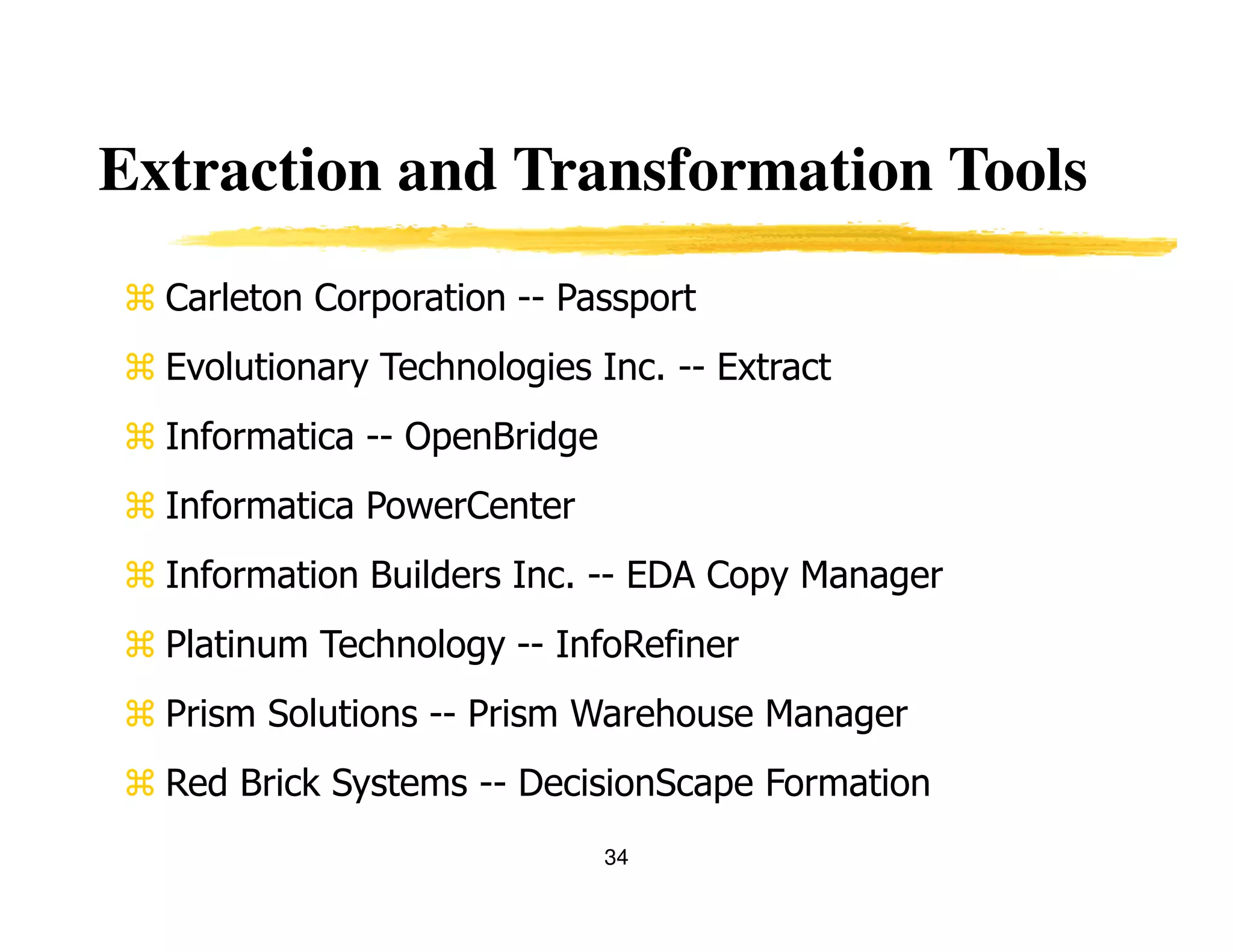 34
Extraction and Transformation Tools
Carleton Corporation -- Passport
Evolutionary Technologies Inc. -- Extract
Informatica -- OpenBridge
Informatica PowerCenter
Information Builders Inc. -- EDA Copy Manager
Platinum Technology -- InfoRefiner
Prism Solutions -- Prism Warehouse Manager
Red Brick Systems -- DecisionScape Formation
 