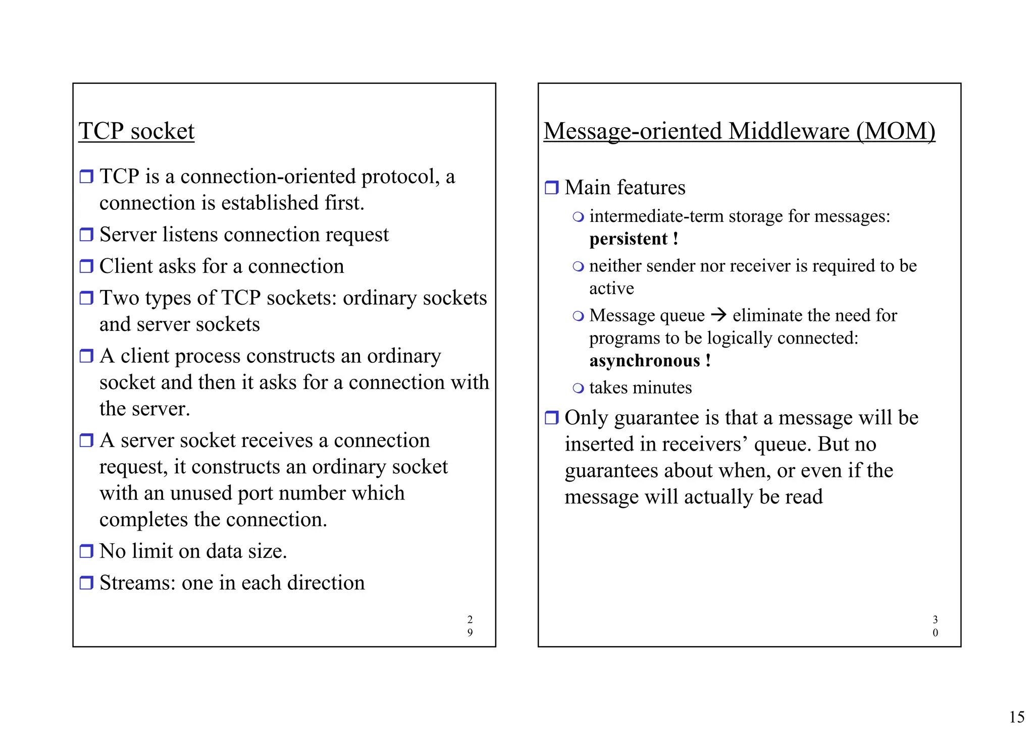 15
2
9
TCP socket
ˆ TCP is a connection-oriented protocol, a
connection is established first.
ˆ Server listens connection request
ˆ Client asks for a connection
ˆ Two types of TCP sockets: ordinary sockets
and server sockets
ˆ A client process constructs an ordinary
socket and then it asks for a connection with
the server.
ˆ A server socket receives a connection
request, it constructs an ordinary socket
with an unused port number which
completes the connection.
ˆ No limit on data size.
ˆ Streams: one in each direction
3
0
Message-oriented Middleware (MOM)
ˆ Main features
 intermediate-term storage for messages:
persistent !
 neither sender nor receiver is required to be
active
 Message queue Æ eliminate the need for
programs to be logically connected:
asynchronous !
 takes minutes
ˆ Only guarantee is that a message will be
inserted in receivers’ queue. But no
guarantees about when, or even if the
message will actually be read
 