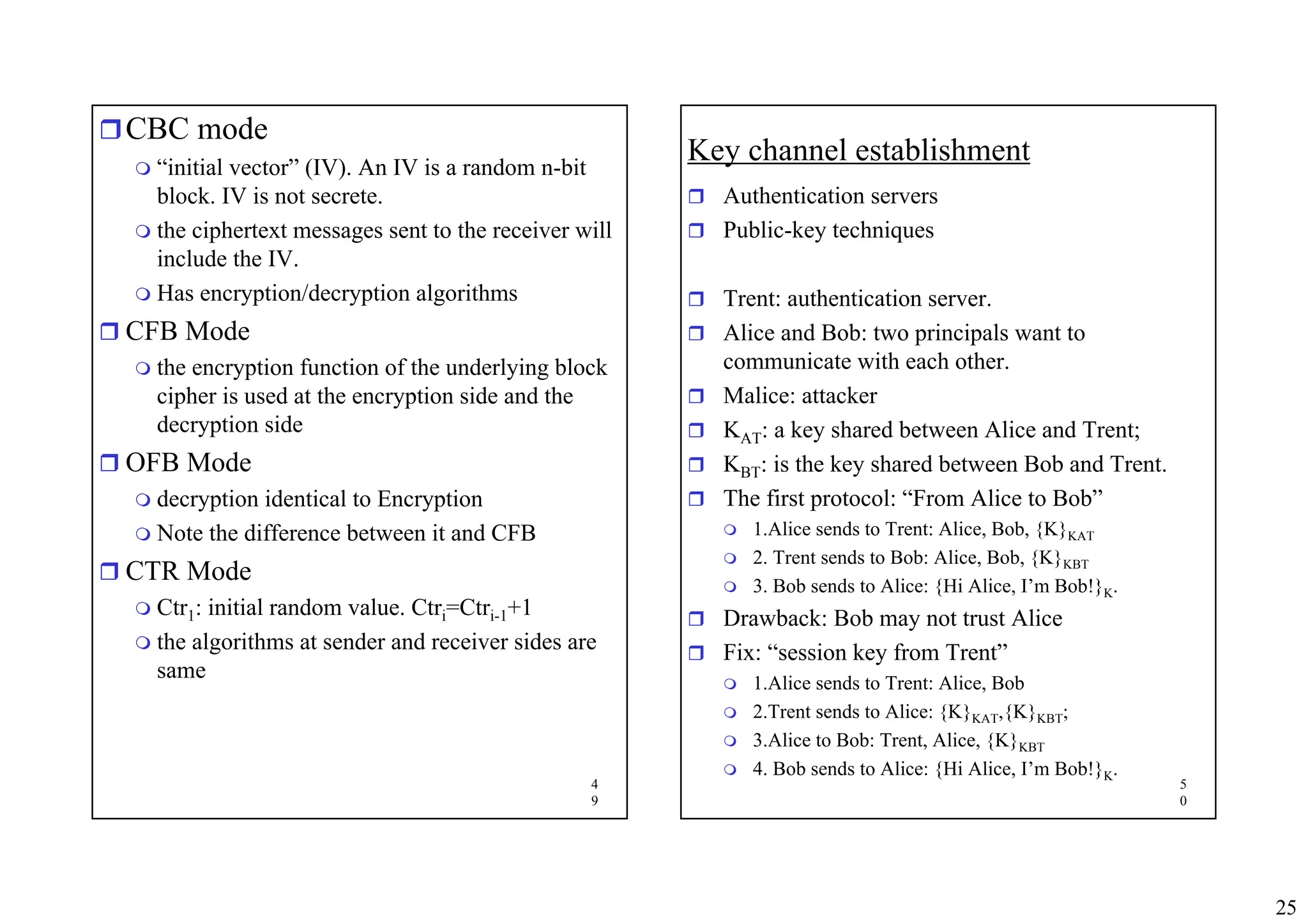 25
4
9
ˆCBC mode
 “initial vector” (IV). An IV is a random n-bit
block. IV is not secrete.
 the ciphertext messages sent to the receiver will
include the IV.
 Has encryption/decryption algorithms
ˆ CFB Mode
 the encryption function of the underlying block
cipher is used at the encryption side and the
decryption side
ˆ OFB Mode
 decryption identical to Encryption
 Note the difference between it and CFB
ˆ CTR Mode
 Ctr1: initial random value. Ctri=Ctri-1+1
 the algorithms at sender and receiver sides are
same
5
0
Key channel establishment
ˆ Authentication servers
ˆ Public-key techniques
ˆ Trent: authentication server.
ˆ Alice and Bob: two principals want to
communicate with each other.
ˆ Malice: attacker
ˆ KAT: a key shared between Alice and Trent;
ˆ KBT: is the key shared between Bob and Trent.
ˆ The first protocol: “From Alice to Bob”
 1.Alice sends to Trent: Alice, Bob, {K}KAT
 2. Trent sends to Bob: Alice, Bob, {K}KBT
 3. Bob sends to Alice: {Hi Alice, I’m Bob!}K.
ˆ Drawback: Bob may not trust Alice
ˆ Fix: “session key from Trent”
 1.Alice sends to Trent: Alice, Bob
 2.Trent sends to Alice: {K}KAT,{K}KBT;
 3.Alice to Bob: Trent, Alice, {K}KBT
 4. Bob sends to Alice: {Hi Alice, I’m Bob!}K.
 